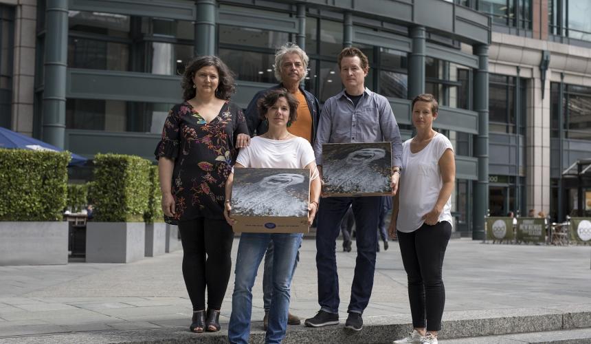 Representatives of the Save the Blue Heart of Europe campaign in front of the EBRD headquarters in London. In their hands: 120.000 signatures. © Jason Alden, Patagonia