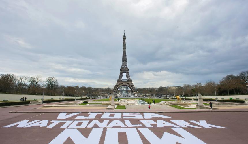 Die visuelle Aktion von Vjosa wurde in vier Hauptstädten in Europa durchgeführt. Hier vor dem Eiffelturm in Paris/Frankreich © Sébastien Champeaux