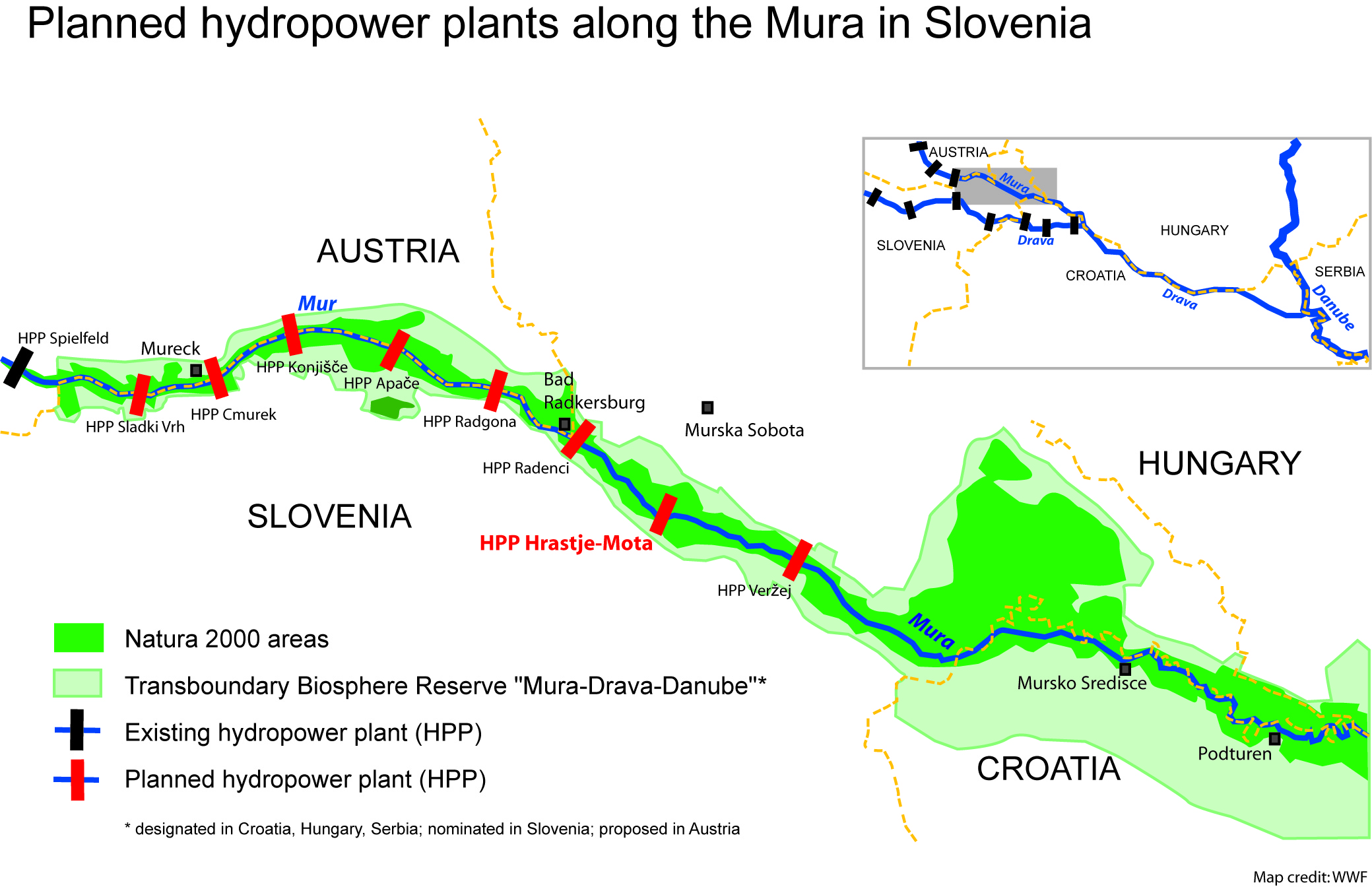 Planned hydropower plants along the Mura © WWF